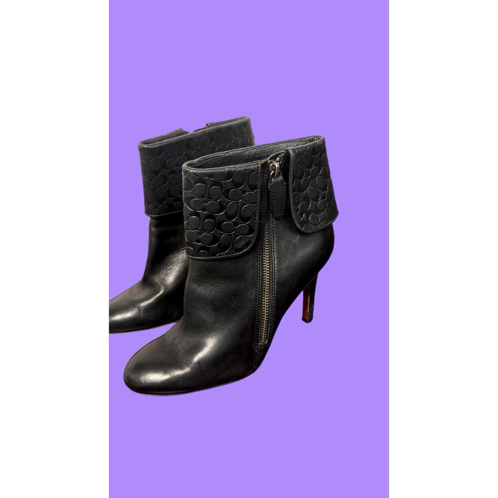 Coach Size 8 Mackenna High Heel Booties Boots Embossed Cuff Leather Black Shoes - Picture 4 of 7